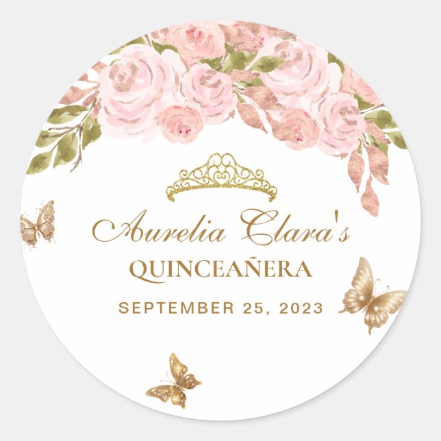 Floral Blush Pink Gold Tiara Butterfly Quinceañera Classic Round Sticker (Front)
