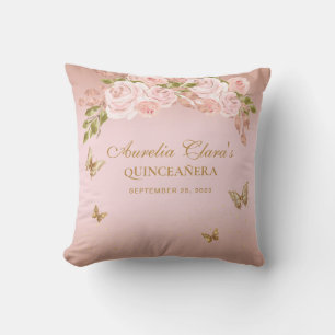 Floral Blush Pink Gold Tiara Butterfly Quinceanera Cushion