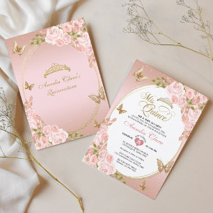 Floral Blush Pink Gold Tiara Butterfly Quinceañera Invitation
