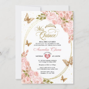 Floral Blush Pink Gold Tiara Butterfly Quinceañera Invitation