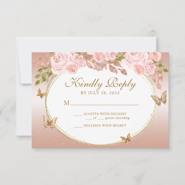 Floral Blush Pink Gold Tiara Butterfly Quinceañera RSVP Card (Front)