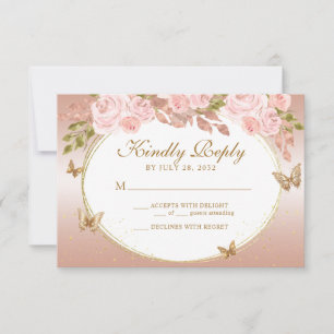 Floral Blush Pink Gold Tiara Butterfly Quinceañera RSVP Card