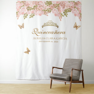 Floral Blush Pink Gold Tiara Butterfly Quinceañera Tapestry