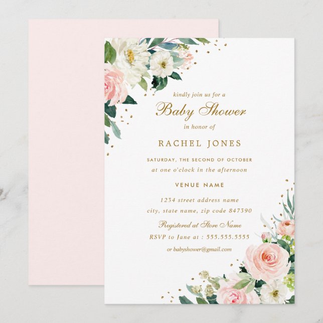 Floral Blush Pink Gold Wedding Baby Shower Invitation (Front/Back)