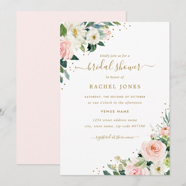 Floral Blush Pink Gold Wedding Bridal Shower Invitation (Front/Back)