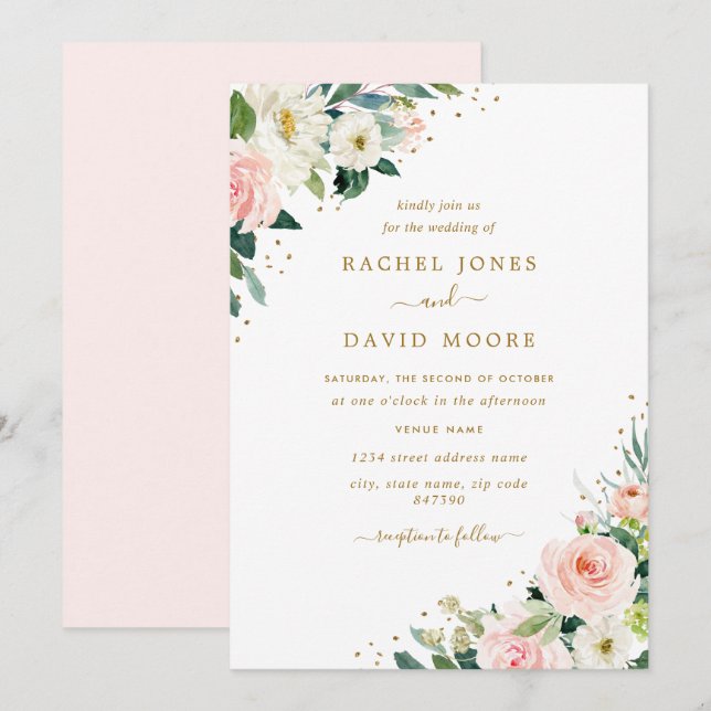 Floral Blush Pink Gold Wedding Invitation (Front/Back)