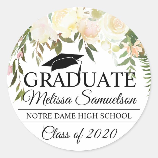 Floral Blush Pink GRADUATE Graduation Cap Classic Round Sticker (Front)