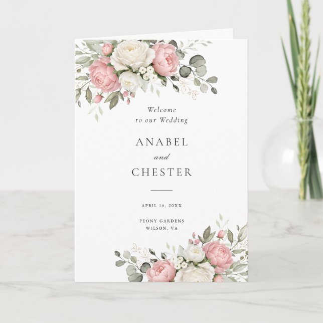 Floral Blush Pink Greenery Folded Wedding Program Programme (Front)