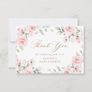 Floral Blush Pink Greenery Gold Baby Shower Thank You Card