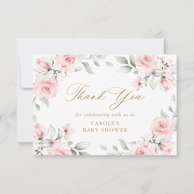 Floral Blush Pink Greenery Gold Baby Shower Thank You Card (Front)