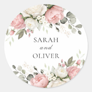Floral Blush Pink Greenery Wedding Classic Round Sticker