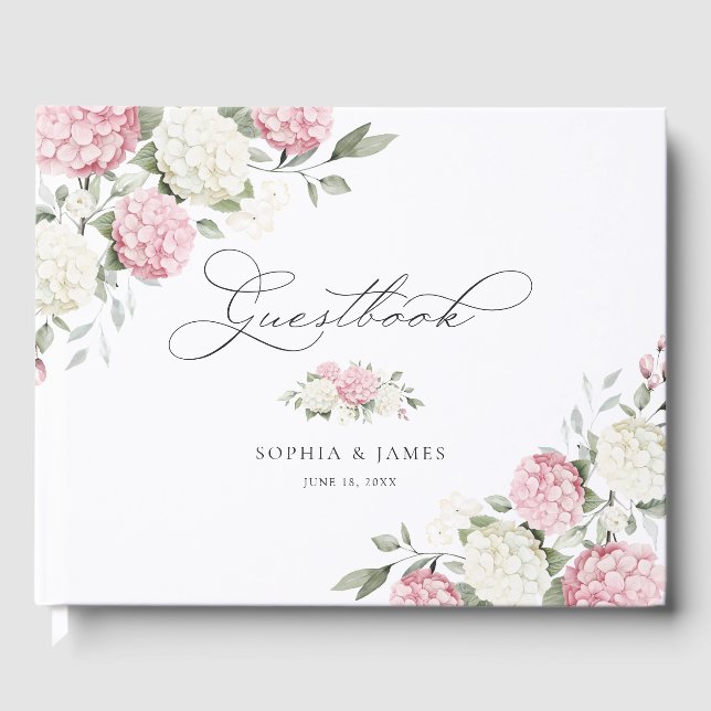 Floral Blush Pink Hydrangea Greenery Wedding Guest Book (Front)