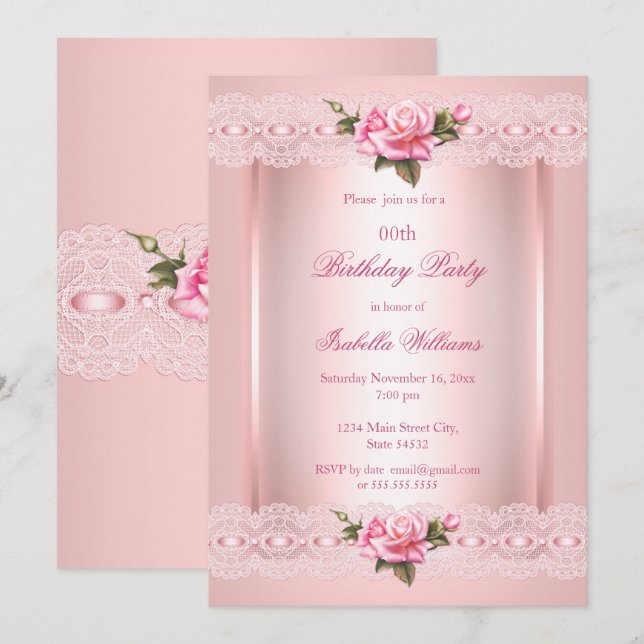 Floral blush Pink lace roses Birthday Party Invitation (Front/Back)