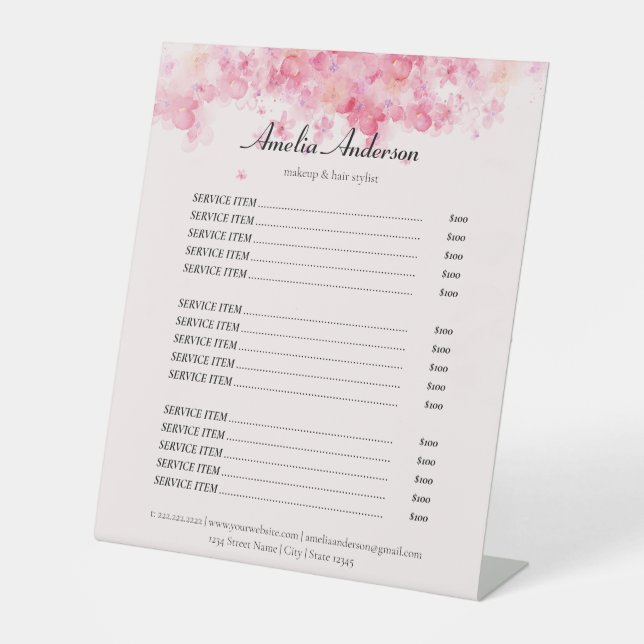 Floral Blush Pink Makeup Hair Stylist Price List Pedestal Sign (Front)