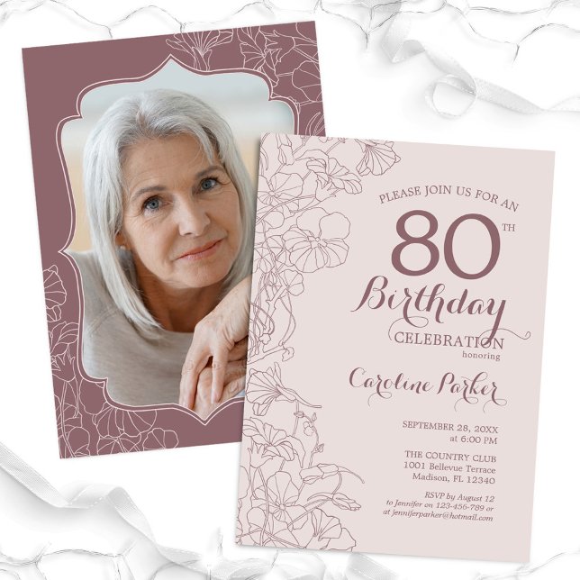 Floral Blush Pink Mauve Photo 80th Birthday Party Invitation (Creator Uploaded)