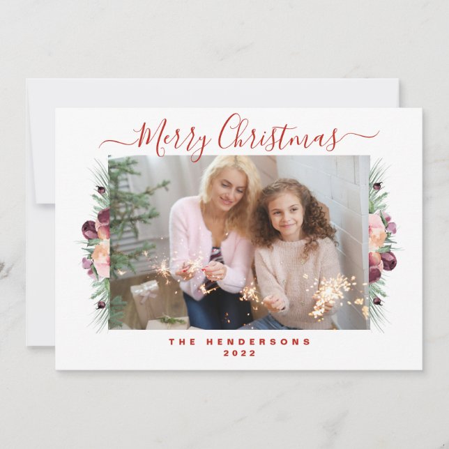 Floral Blush-Pink Merry Christmas Photo  Holiday Card (Front)