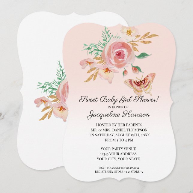 Floral Blush Pink Modern Gold Butterfly Baby Girl Invitation (Front/Back)