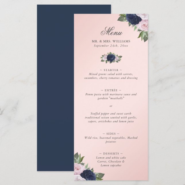 Floral Blush Pink Navy Blue Wedding Menu (Front/Back)
