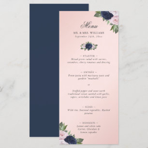 Floral Blush Pink Navy Blue Wedding Menu