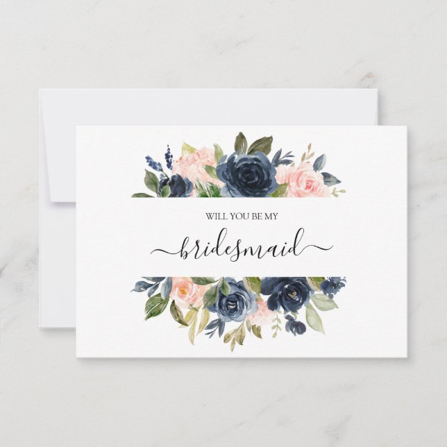 Floral Blush Pink Navy Bouquet Will You Be My Card (Front)