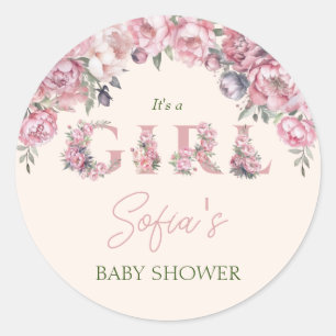 Floral Blush Pink Peonies Girl Baby Shower Classic Round Sticker