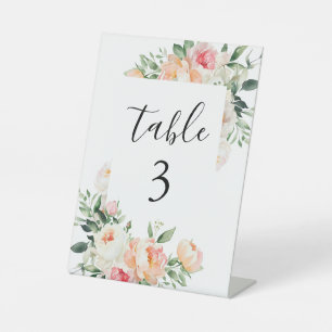 Floral Blush Pink Peonies Wedding Table Number Tab Pedestal Sign