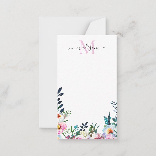 Floral Blush Pink Peony Modern Botanical Monogram Card (Front)