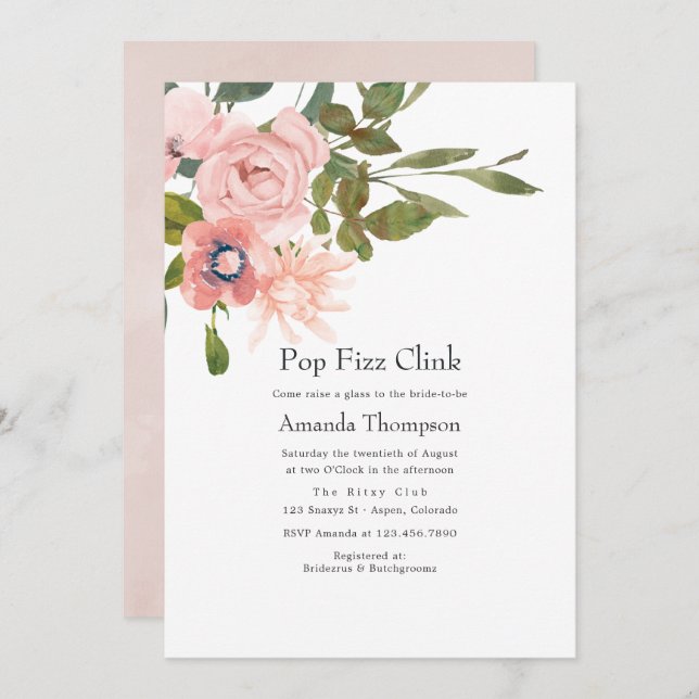 Floral Blush Pink Pop Fizz Clink Bridal Shower Invitation (Front/Back)