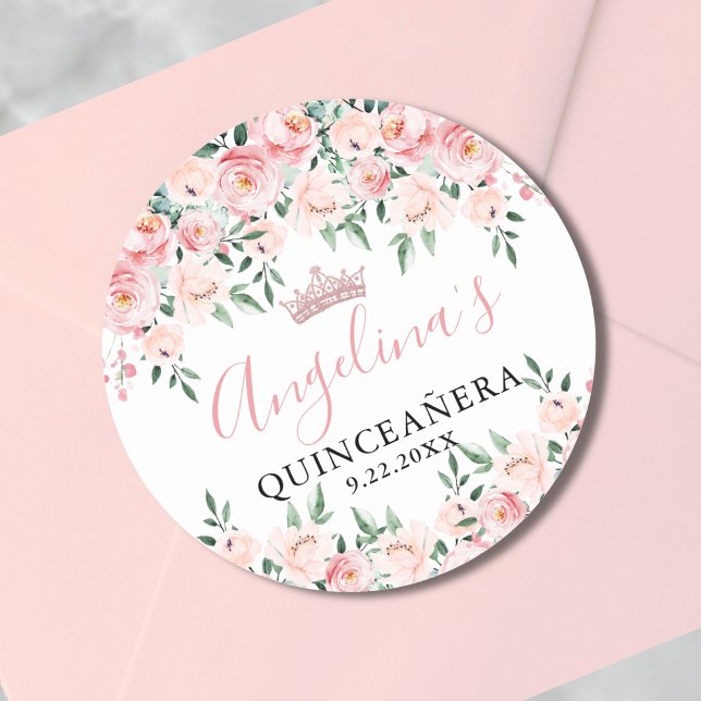 Floral Blush Pink Quinceañera Birthday Party Classic Round Sticker (Floral Blush Pink Quinceañera Birthday Party Classic Round Sticker )