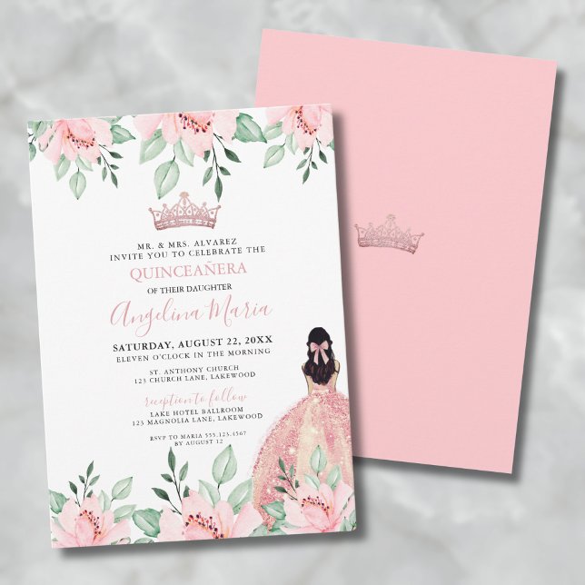 Floral Blush Pink Quinceañera Invitation (Floral Pink Quinceanera Invitation)