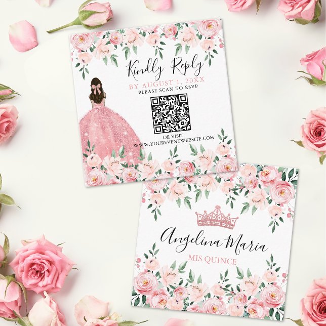Floral Blush Pink Quinceanera QR Code RSVP Enclosure Card (Floral Blush Pink Quinceanera QR Code RSVP Enclosure Card)