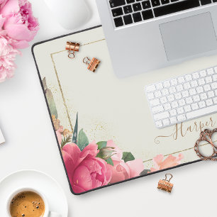 Floral Blush Pink Roses Gold Frame Desk Mat