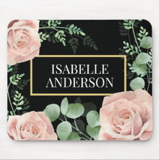 Floral Blush Pink Roses Green Leaves Black Custom Mouse Mat