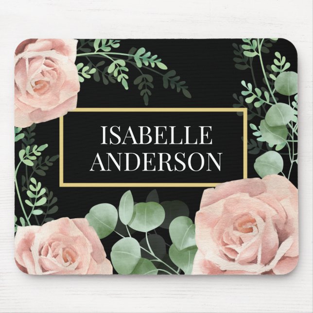 Floral Blush Pink Roses Green Leaves Black Custom Mouse Mat (Front)