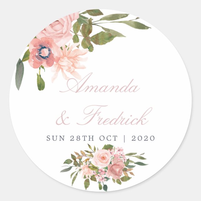 Floral Blush Pink Roses Wedding Classic Round Sticker (Front)