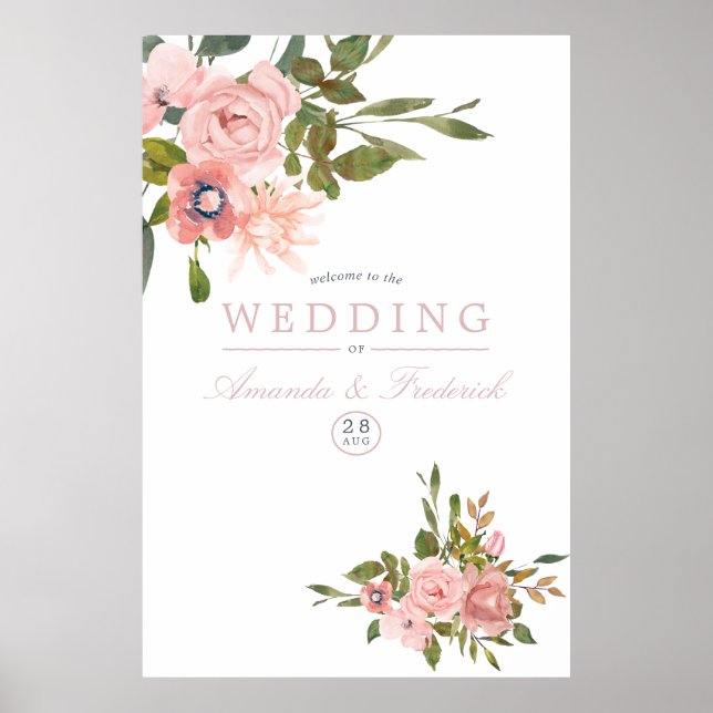Floral Blush Pink Roses Wedding Welcome Poster (Front)
