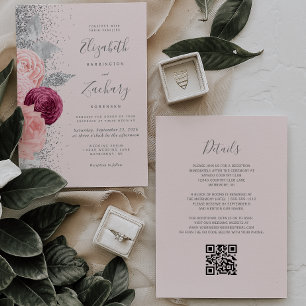 Floral Blush Pink Silver Burgundy QR Code Wedding Invitation