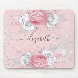 Floral blush pink silver foliage monogram stylish mouse mat
