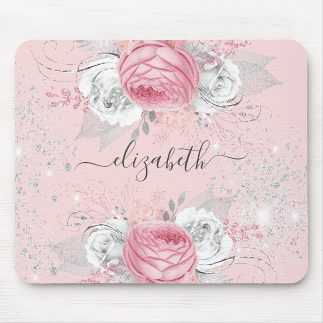 Floral blush pink silver foliage monogram stylish mouse mat (Front)