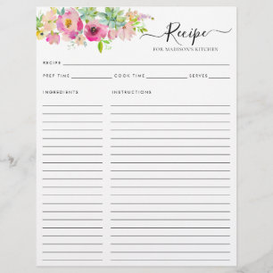 Floral Blush Pink Watercolor Cactus Kitchen Recipe Flyer