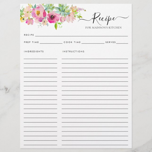 Floral Blush Pink Watercolor Cactus Kitchen Recipe Flyer (Front)