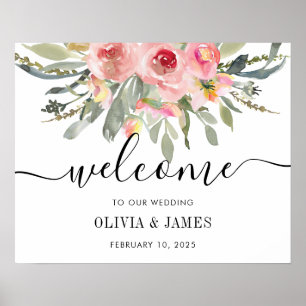 Floral Blush Pink Watercolor Wedding Welcome Sign