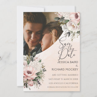 Floral Blush Pink Wedding Photo Save the Date Card