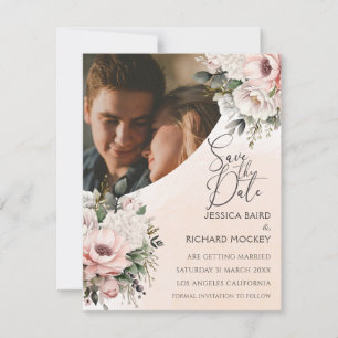 Floral Blush Pink Wedding Photo Save the Date Card