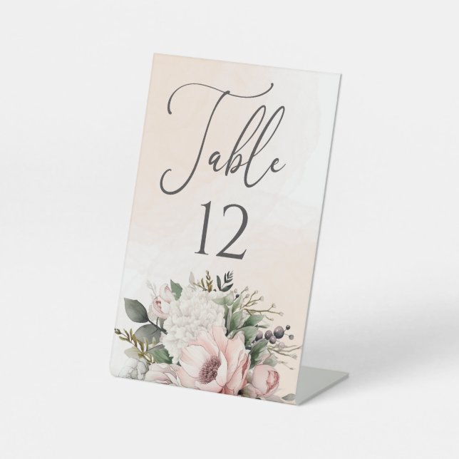 Floral Blush Pink Wedding Table Number Pedestal Sign (Front)