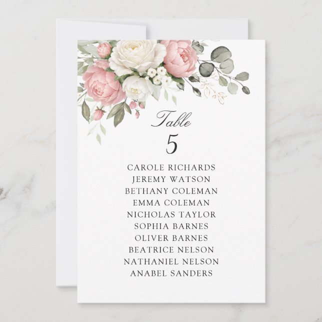 Floral Blush Pink Wedding Table Seating Chart Card (Front)