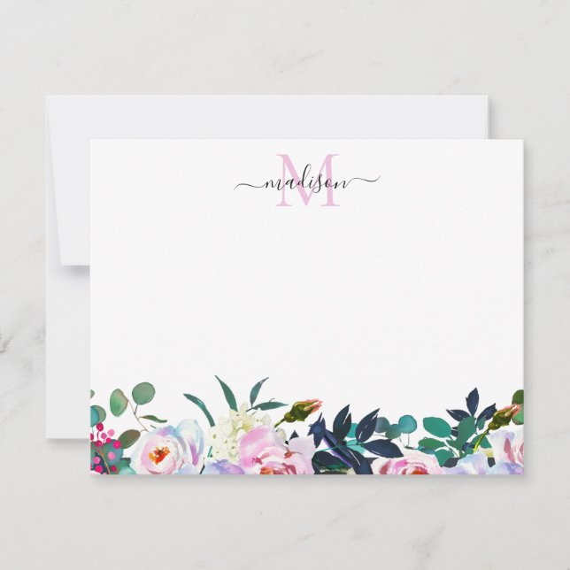 Floral Blush Pink White Peony Botanical Monogram Card (Front)