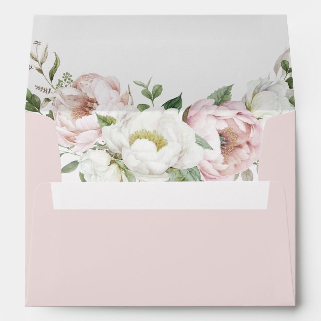 Floral Blush Pink White Peony Wedding Envelope (Back (Bottom))