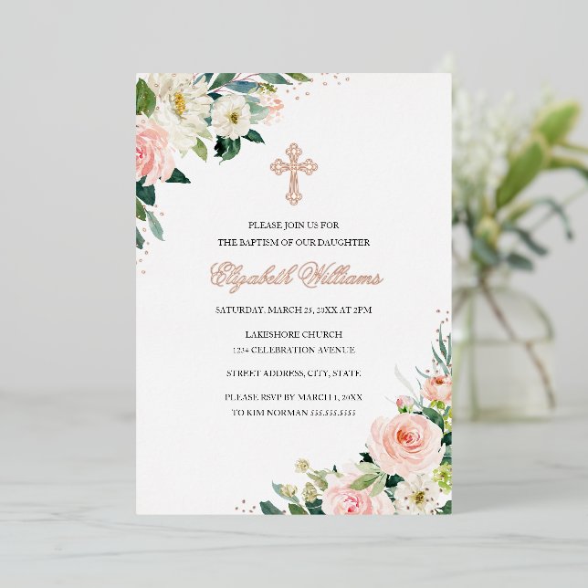 Floral Blush Rose Gold Watercolor Baptism (Standing Front)