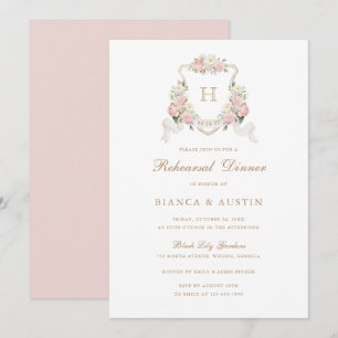 Floral Blush Roses Crest Monogram Rehearsal Dinner Invitation